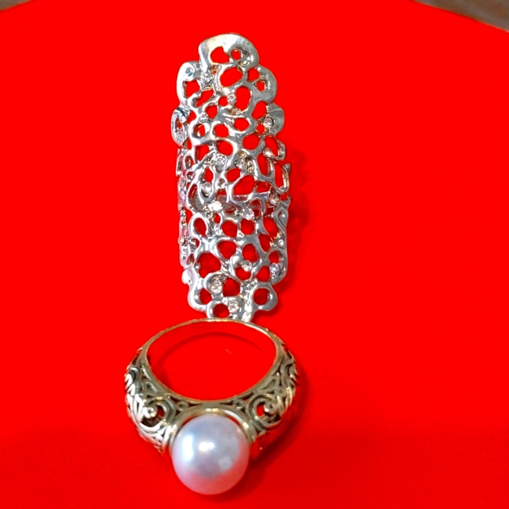 Two-piece amazing ring size 8 silver and gold with pearlstone gift for women